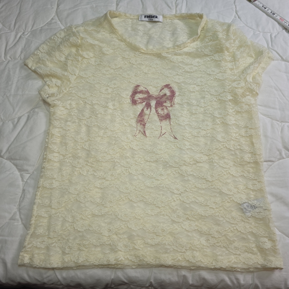 RSQ Lace Sheer Top XL Ivory Floral Bow Print Y2K Coquette Romantic Layering Tee